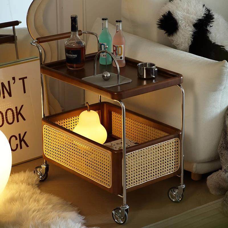中覆古实木小推车边几客厅可移动置物收纳架沙发藤编角几零食餐车
