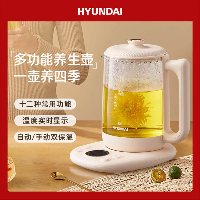 韩国HYUNDAI 煮茶壶养生壶玻璃蒸茶壶电热水壶可携式玻璃水壶 1.8