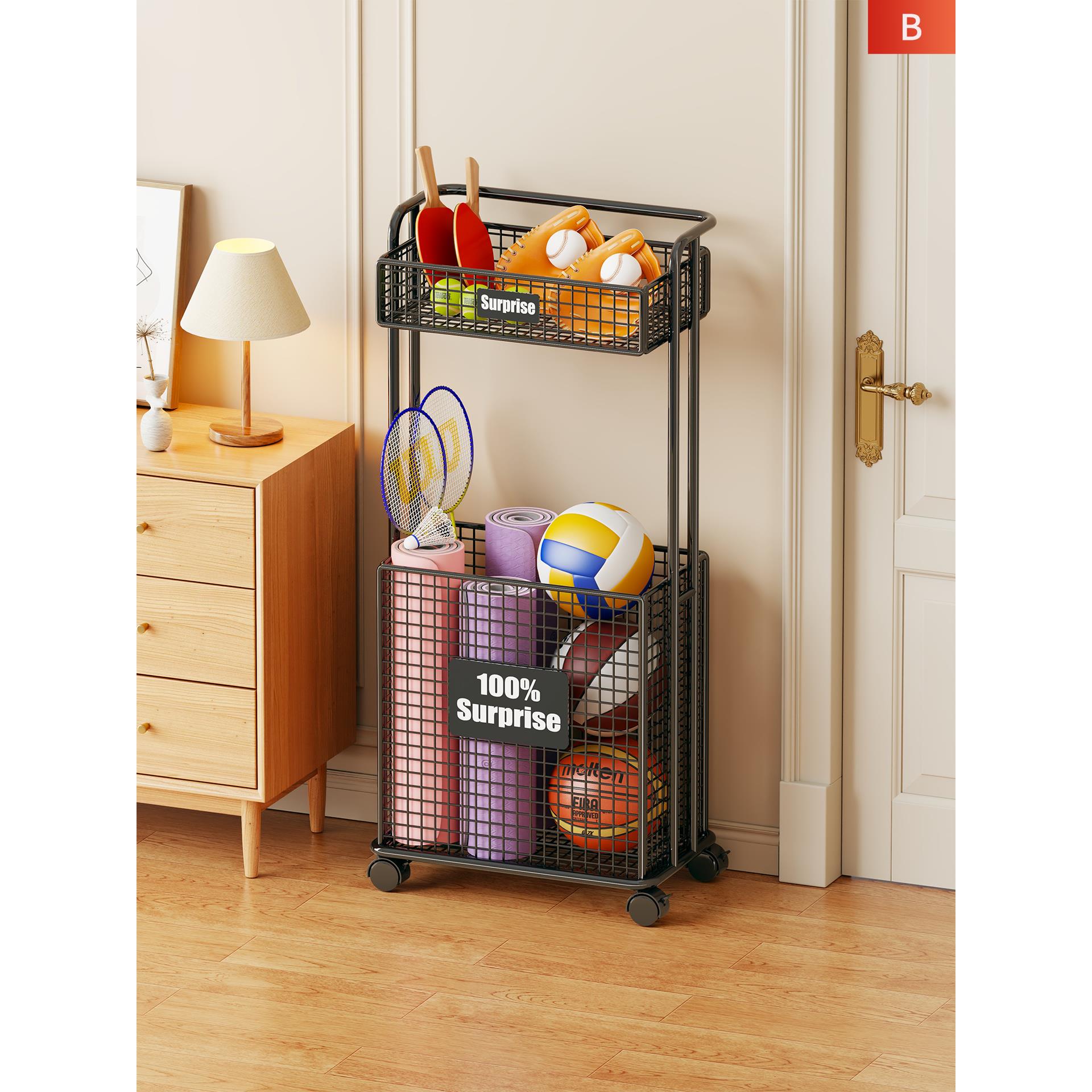 瑜伽垫收纳筐家用大容量带轮可移动体育用品置物架健身器材收纳架