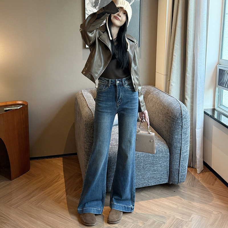 十三行女装辣妹喇叭牛仔裤女冬季厚款磨毛休闲简约高腰弹力微辣裤
