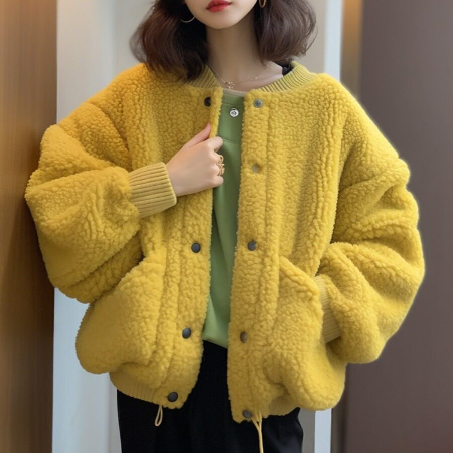 黄色羊羔毛卫衣外套女2023冬季小个子短款韩系慵懒风颗粒绒上衣厚