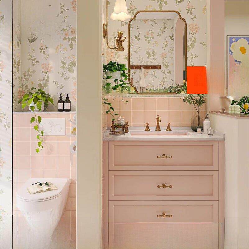 公主粉多巴胺实木粉色浴室柜岩板无缝盆卫生间洗手洗脸台盆柜组合