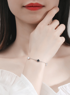 真S925银玛瑙四叶草手链女手串