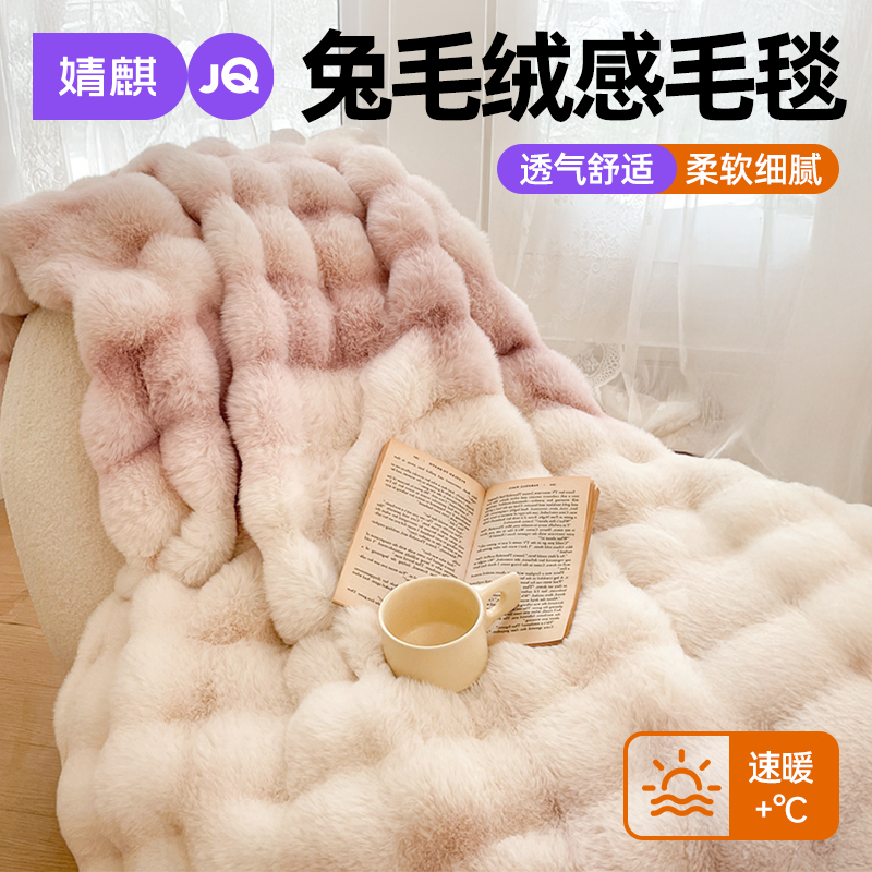 婧麒冬季加绒毛毯家用双人仿兔毛