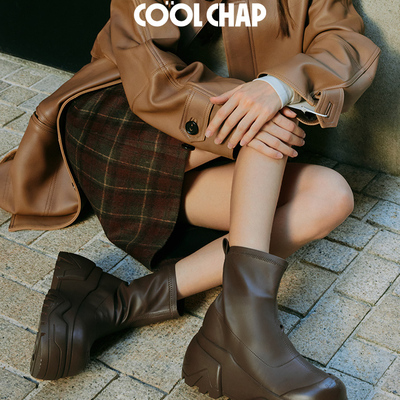 COOLCHAP中筒弹力靴秋季新款瘦瘦靴女防滑袜靴厚底增高直筒时装靴