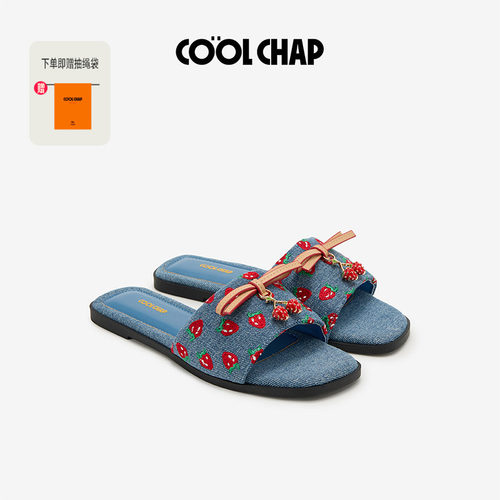 COOLCHAP夏季牛仔草莓一字拖女