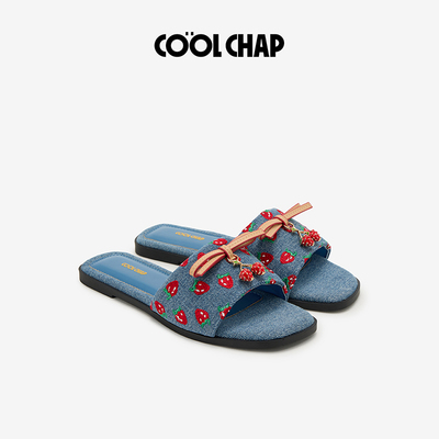 COOLCHAP夏季牛仔草莓一字拖女