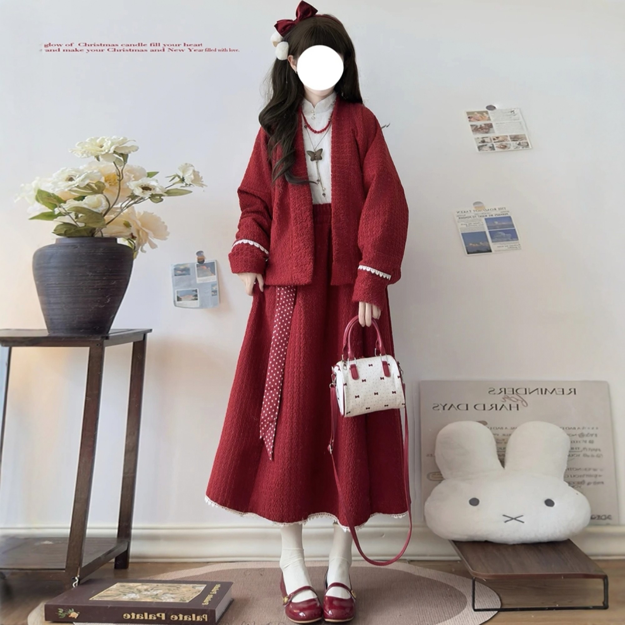 原创汉服女【红柚】宋制日常毛呢飞机袖加绒加厚红色套装秋冬季款,女装/女士精品,汉服套装,淘宝优惠券,粉丝福利购,淘宝优惠卷