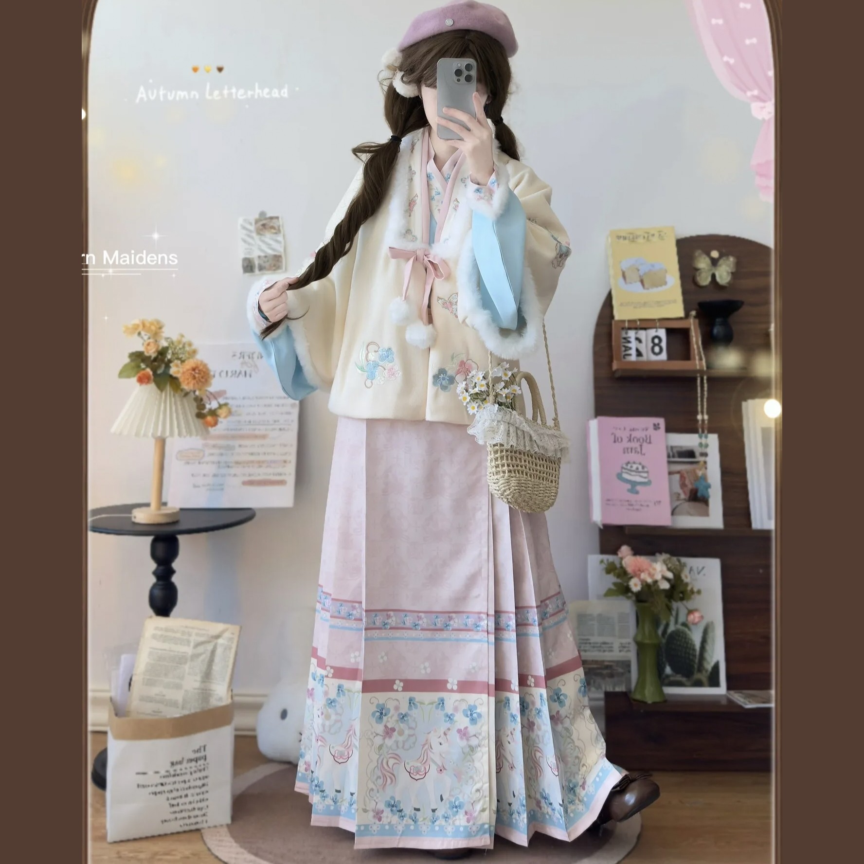 原创汉服女【暖暖】明制加绒合领披袄琵琶袖马面裙粉色套装冬季款