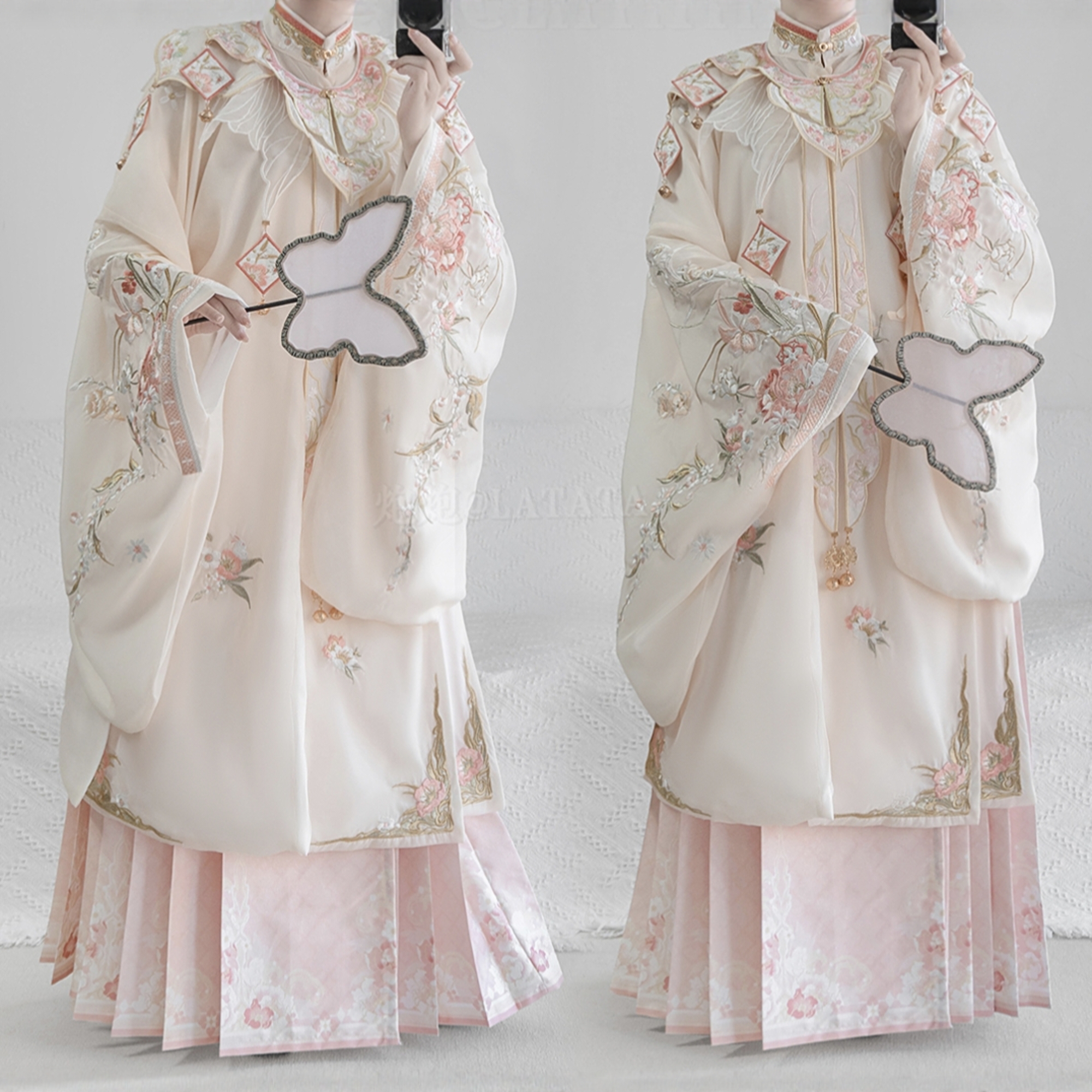 原创汉服女【花锦】明制重工刺绣云肩立领长衫马面裙粉色簪花套装