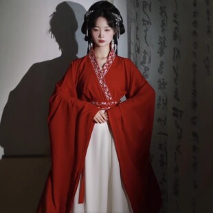 原创汉服女【红颜如霜】魏晋风南北朝大袖衫齐腰破裙成人红色古装