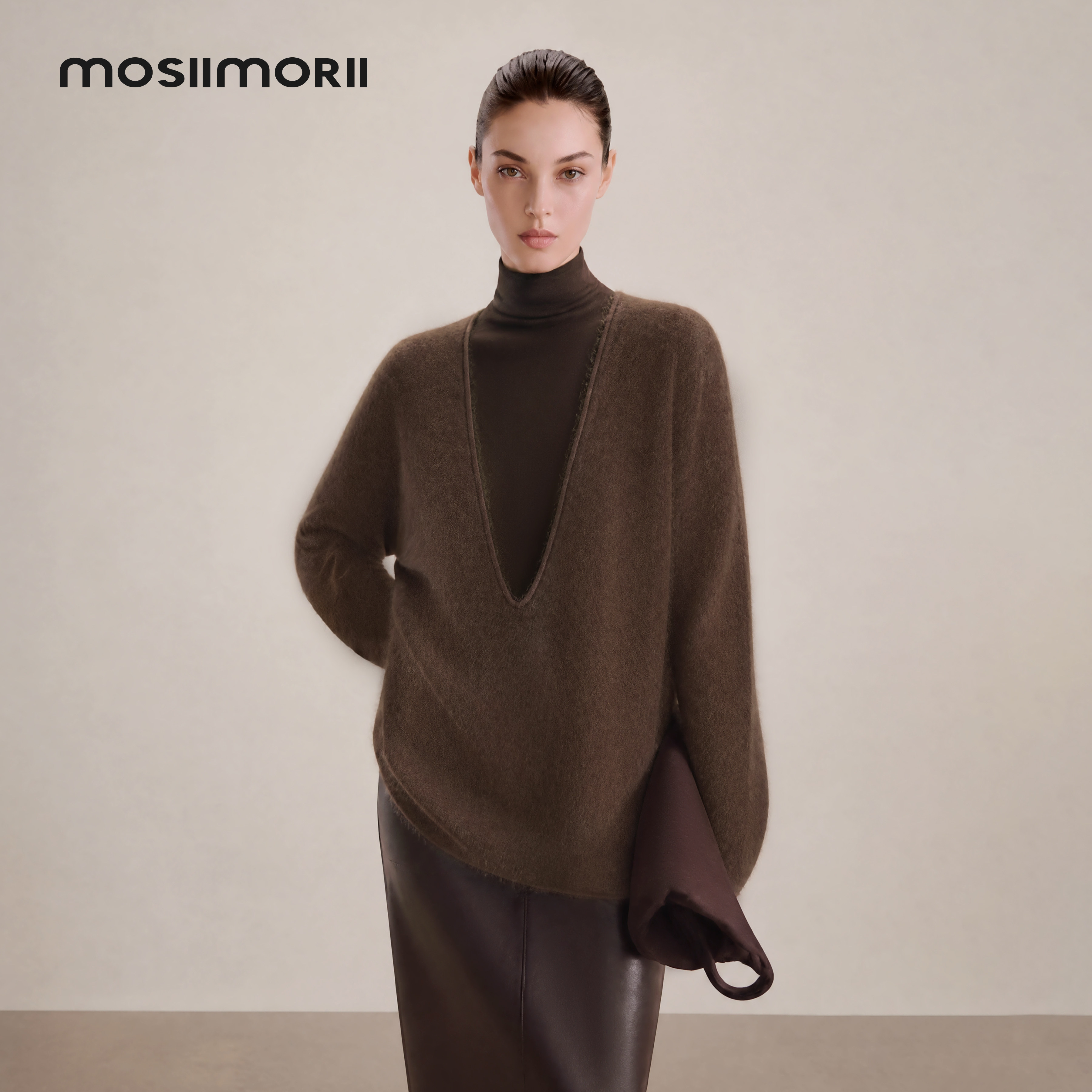 MOSIIMORII【灰调独白】秋冬山羊绒针织衫女高质感v领绵羊毛上衣