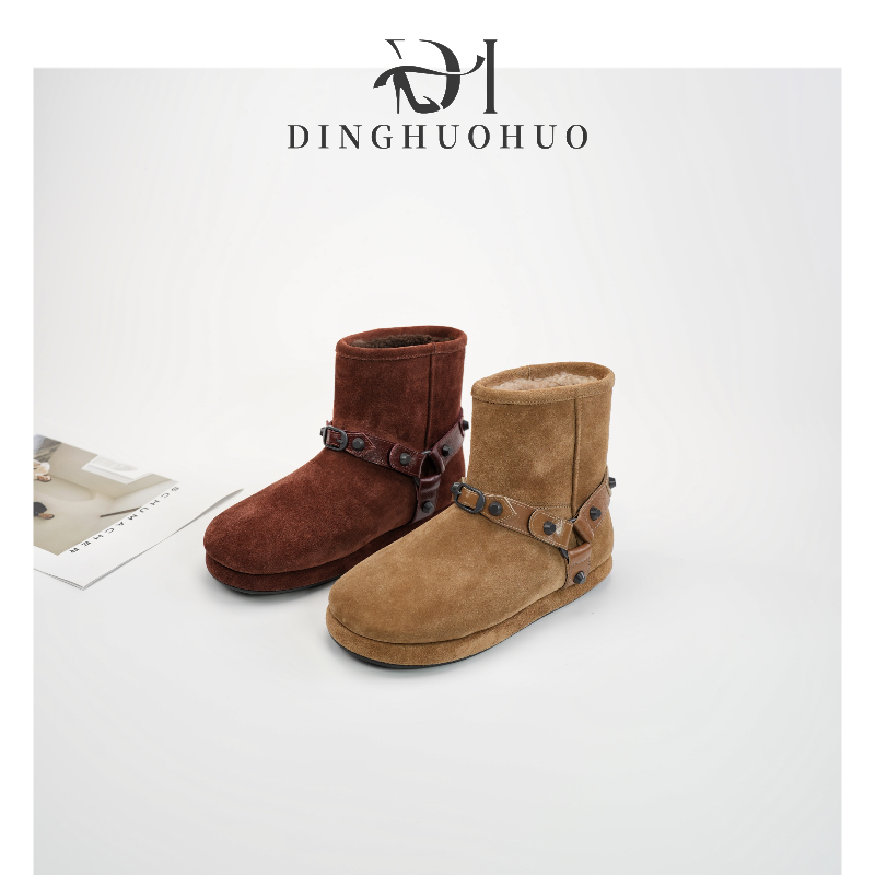 牛翻皮真皮复古美拉德雪地靴高货新款加厚羊毛短靴保暖大棉鞋女