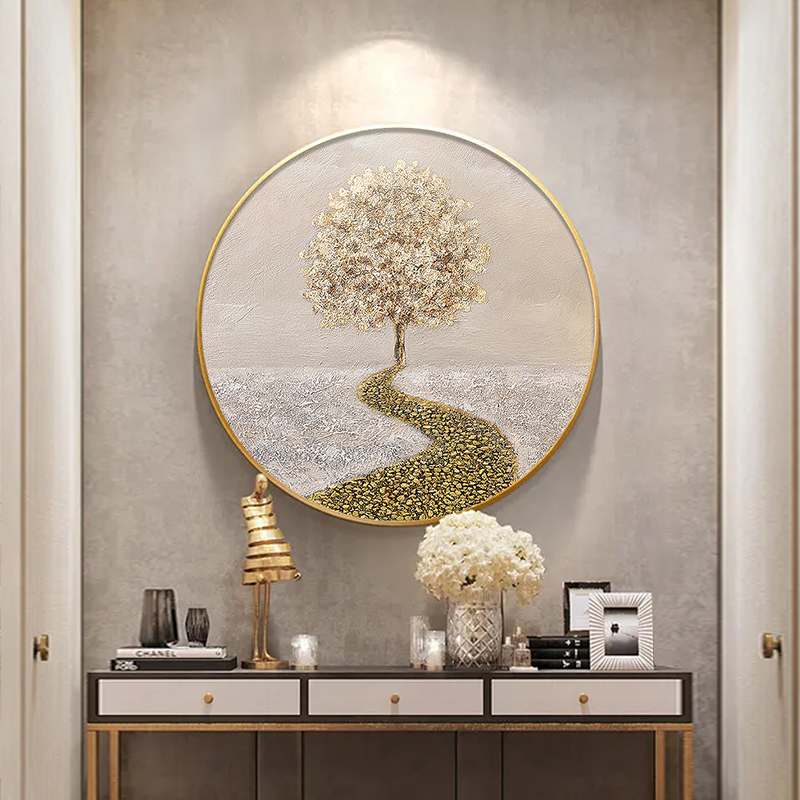 圆形发财树装饰画纯手绘油画轻奢玄关餐厅客厅沙发背景墙三联挂画图片