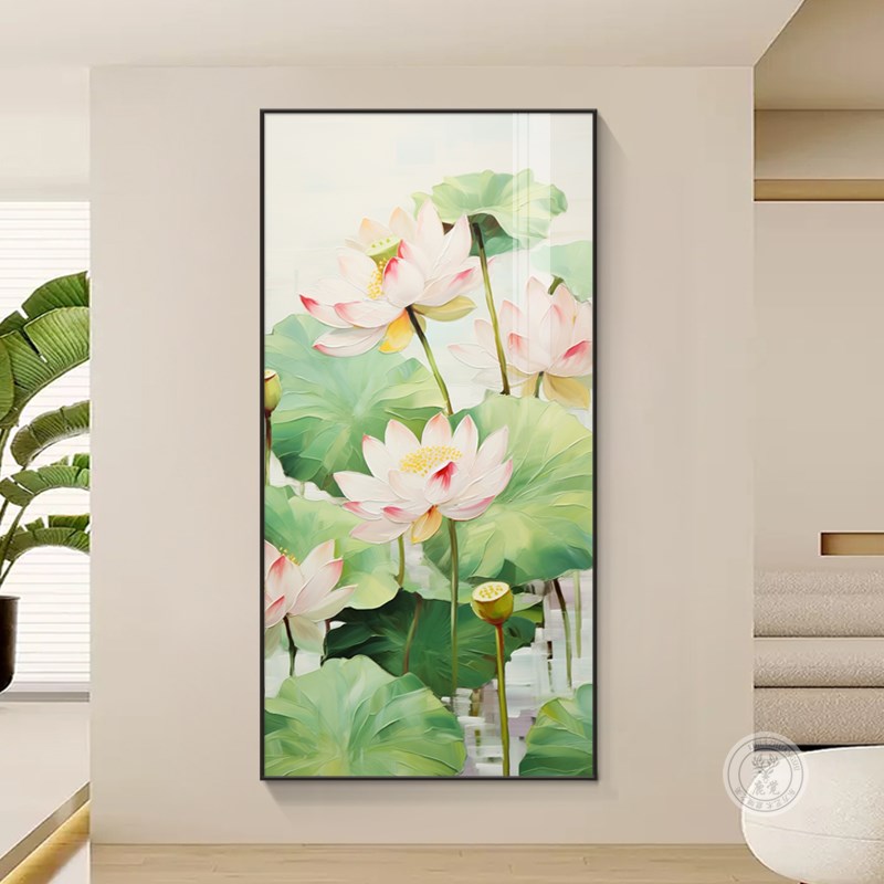 速发新中式荷花玄关装饰画进门入户挂画楼梯过道拐角走廊尽头莲花图片