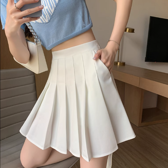 口袋半身裙女夏季灰色高腰百褶裙遮肚子女2024显瘦小个子a字短裙