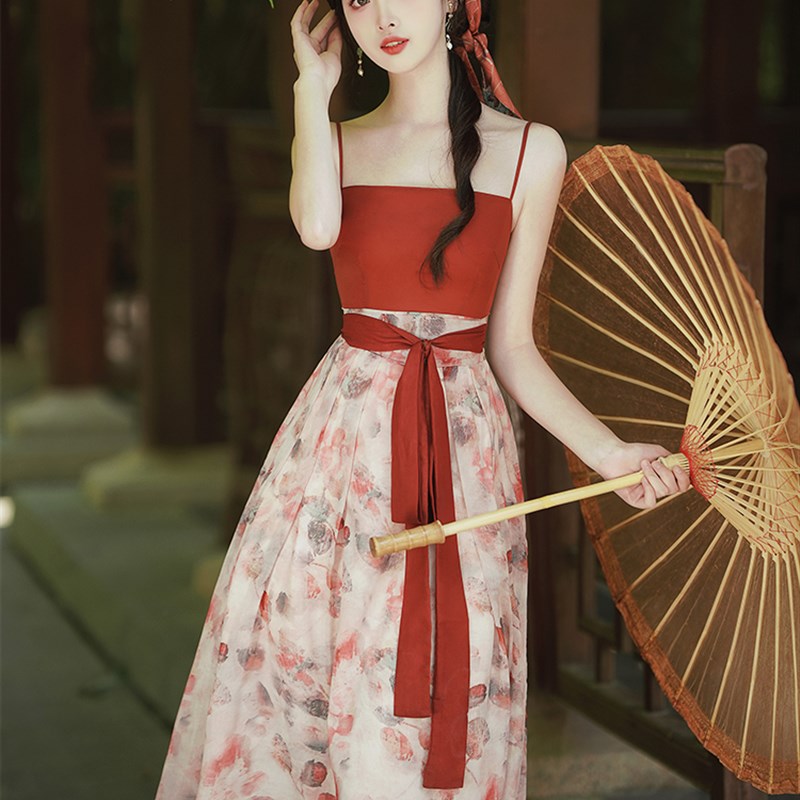 极速新中式国风改良汉服连衣裙女夏小个子气质抹胸吊带裙披肩外搭