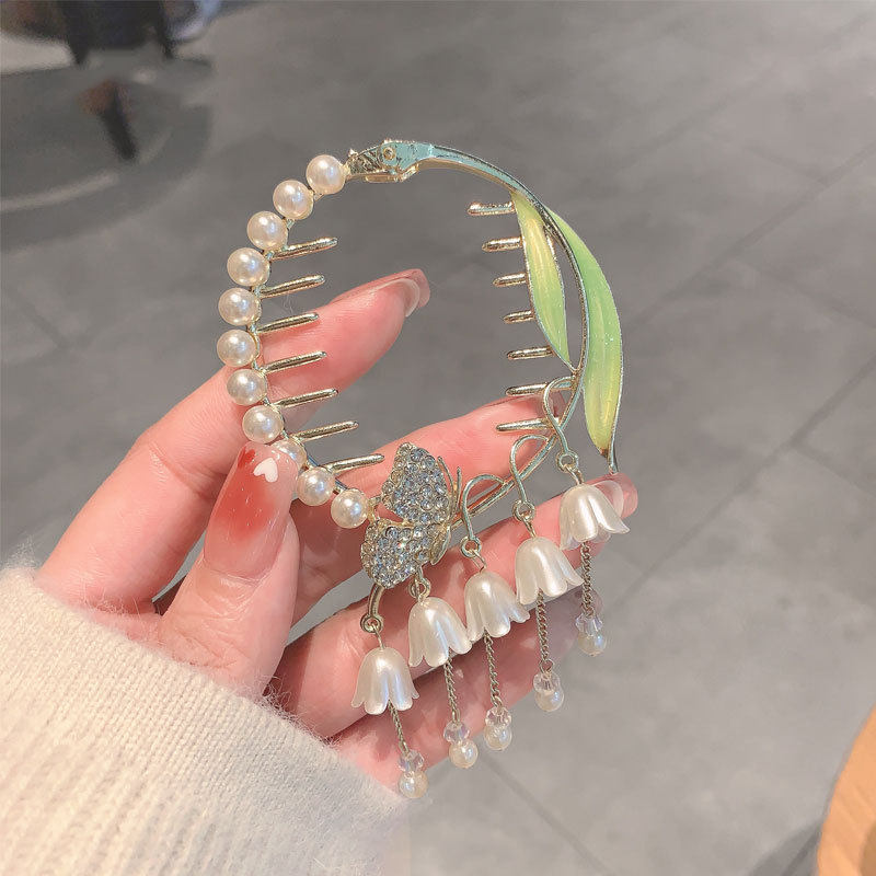 现货速发超仙水钻蝴蝶珍珠高丸子头卡扣发夹浪漫铃兰花头饰森系盘