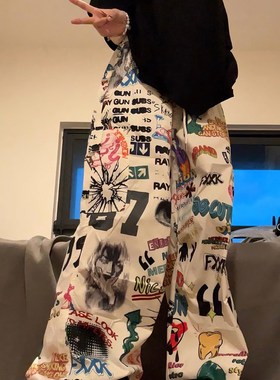 现货美式复古手绘彩色涂鸦直筒休闲裤男女春秋季宽松阔腿迷彩工装