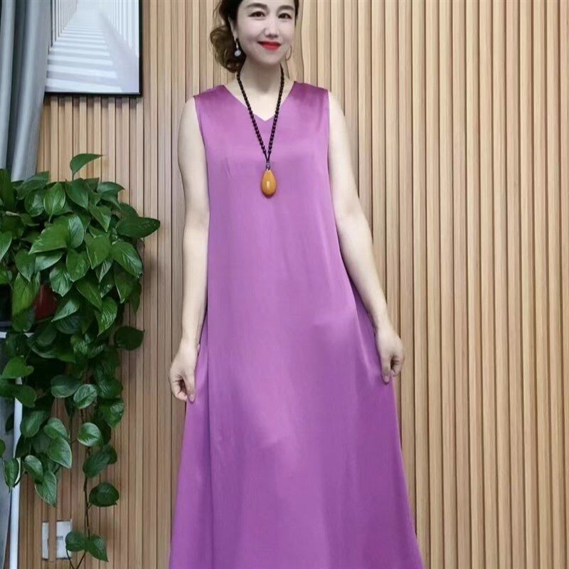 高货妈妈装无袖V领背心吊带连衣裙夏季新款缎面丝质三醋酸打底长