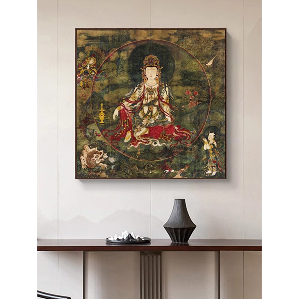 中式水月观音普贤菩萨装饰画中堂敦煌壁画复古佛像法海寺佛堂挂画