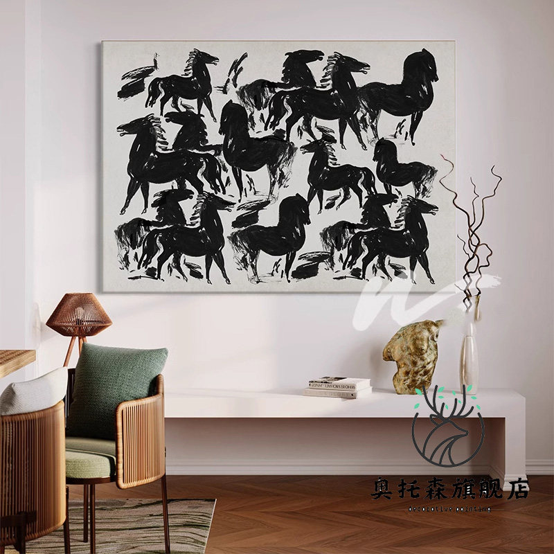 侘寂风挂画黑白万马奔腾玄关高级感抽象动物马卧室挂画客厅装饰画