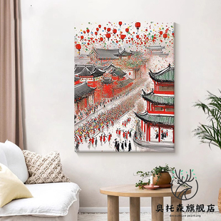 新中式张灯结彩喜庆新年装饰画冬日雪景玄关壁画过道走廊沙发挂画