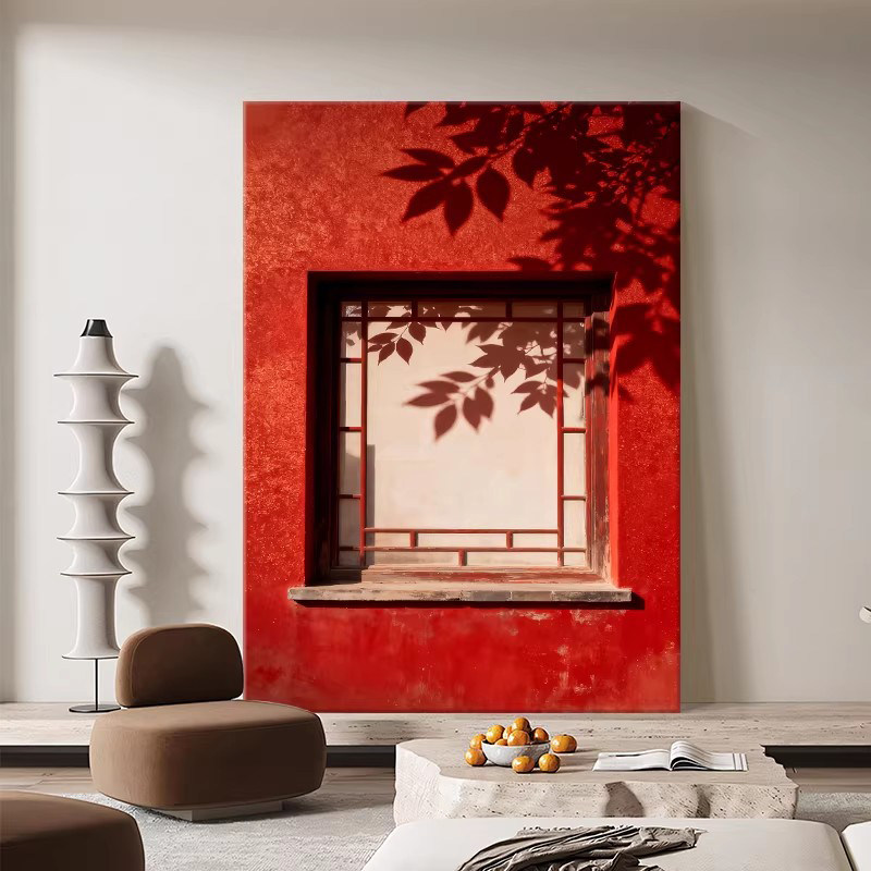 新中式光影植物客厅装饰画现代简约沙发挂画红色系玄关卧室墙壁画