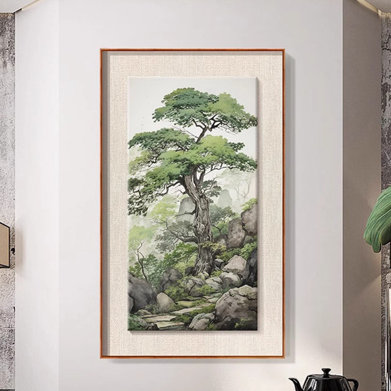 迎客松树入户玄关客厅装饰画新中式风景茶楼客厅挂画