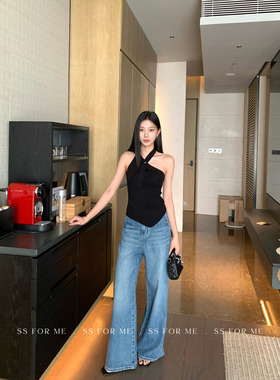 SS for me 松弛拿捏 蓝色全棉阔腿牛仔裤女高腰显瘦直筒休闲长裤