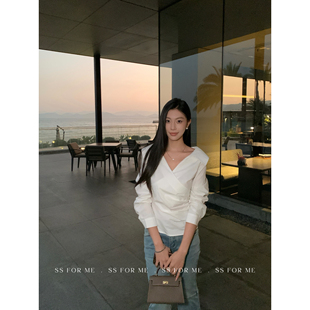 柏林蓝调 法式 优雅交叉V领衬衫 女气质通勤收腰衬衣小衫 for