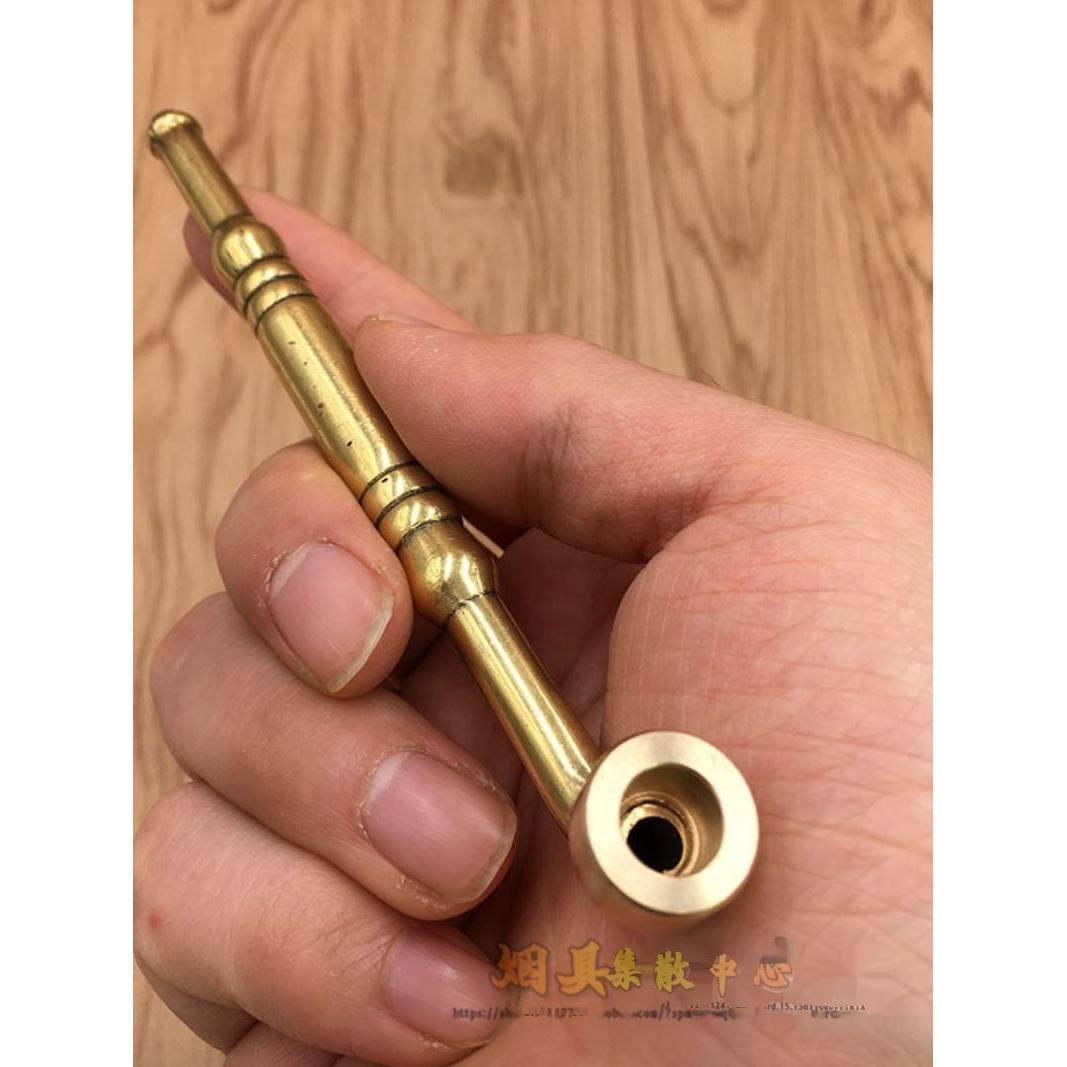 纯铜便携旱烟杆卷烟插烟烟斗一口香 黄铜做旧两用烟袋锅子老人杆