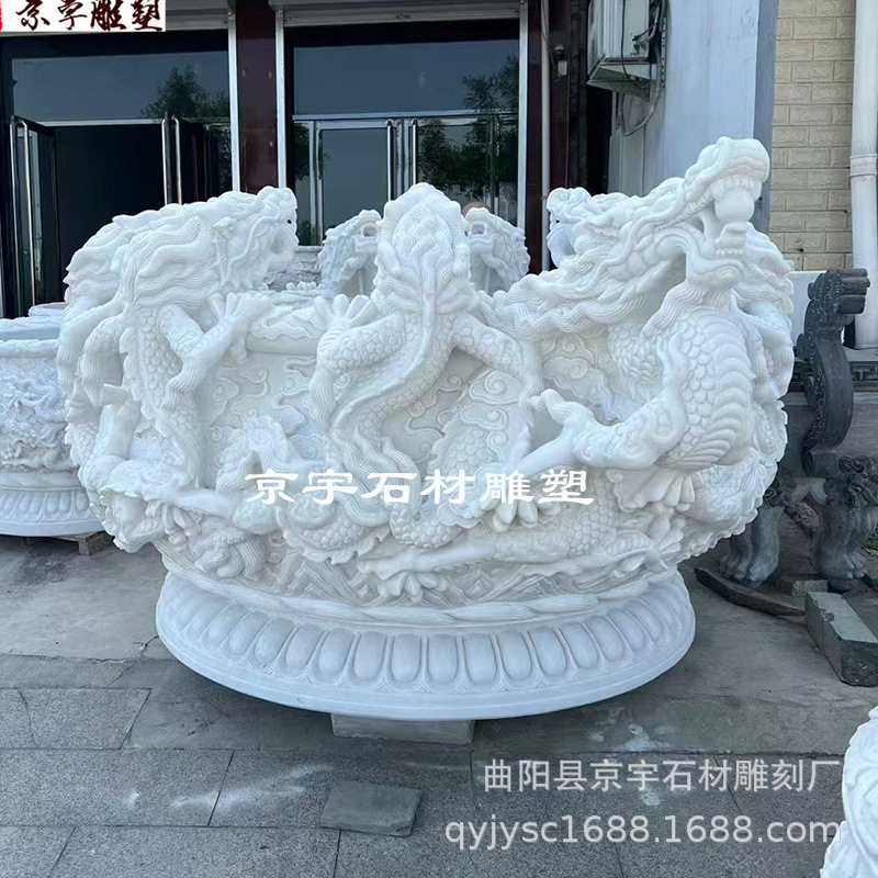 精品石雕龙缸别墅庭院汉白玉龙头鱼缸花盆喷水九龙流水缸装饰雕塑