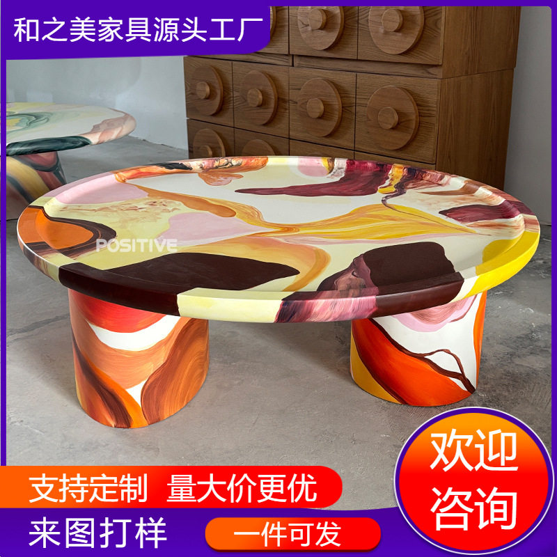 设计师创意茶几个性手绘油彩画轻奢餐桌荷兰艺术家熔炉油画边几