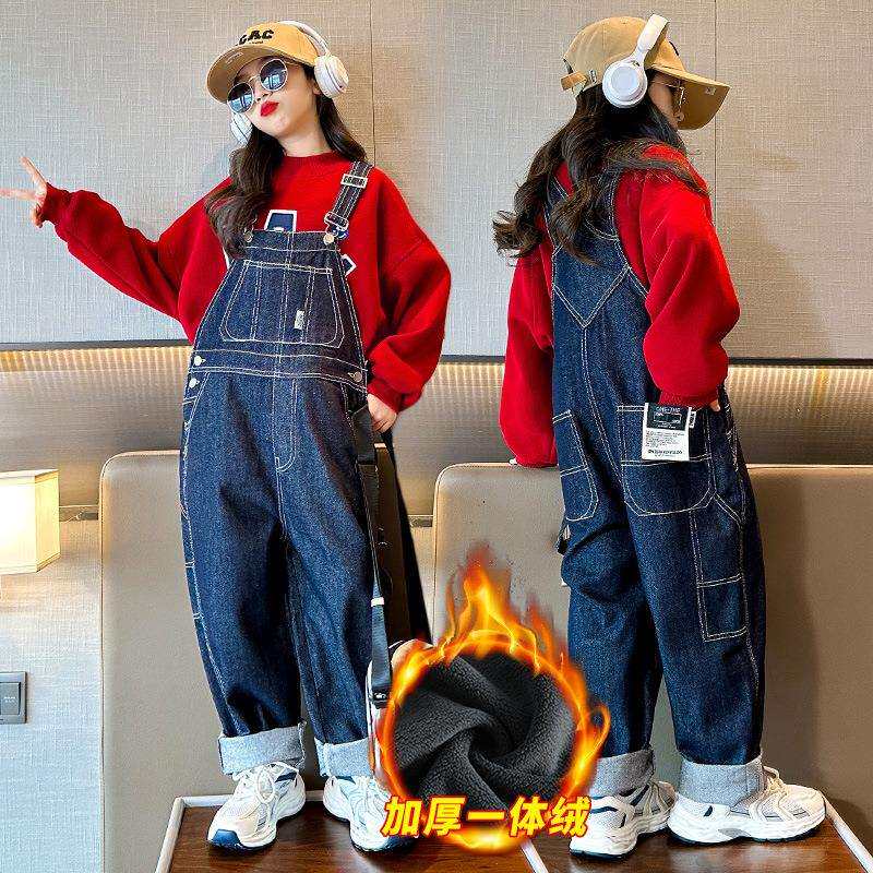 Z862一体绒早阳童女童冬季牛仔背带裤中大童加绒洋气时髦休闲潮款