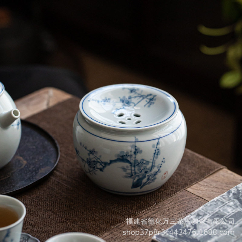 仿古手绘青花陶瓷建水带盖茶洗水盂复古茶渣缸茶水桶茶道配件茶具