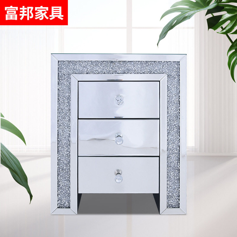 镜面碎钻床头柜现代简约卧室床边柜轻奢多功能家用储物收纳置物柜