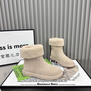 翻边羊羔毛雪地靴女短靴磨砂皮两穿保暖毛绒靴子复古短筒毛毛短靴