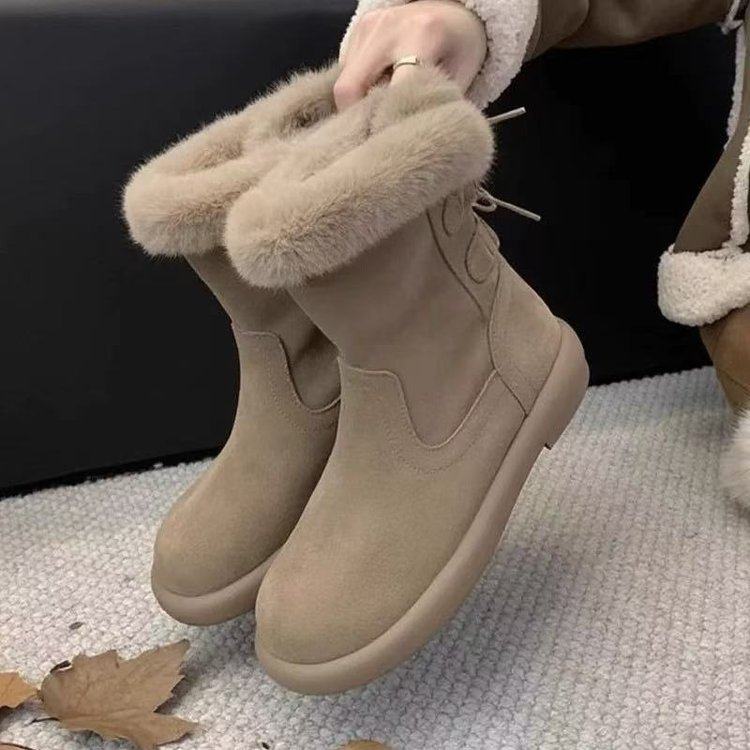棉靴毛绒口雪地靴女2025新款冬季中筒加绒保暖复古后系带时尚短靴
