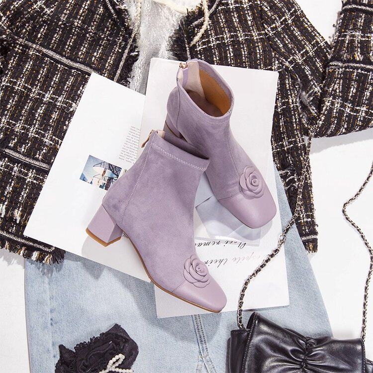 2025新款小香风山茶花紫色短靴女