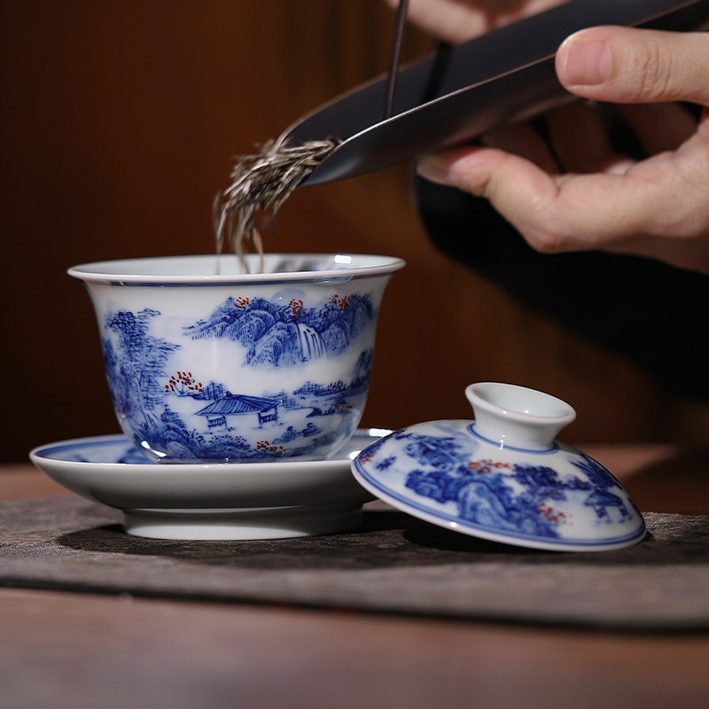 景德镇手绘釉下青花釉里红盖碗