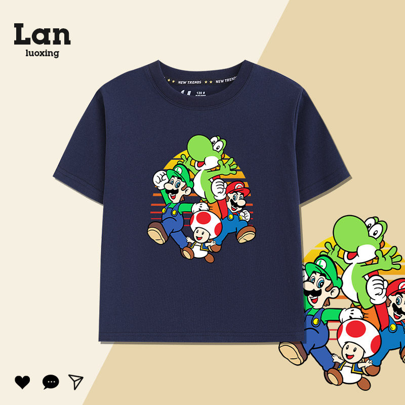 男童女童短袖t恤夏季2025新款卡通马里奥纯棉运动休闲儿童上衣潮