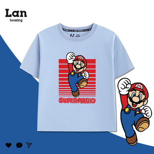 夏季新款舒适透气卡通马里奥短袖美式复古男女童薄款半袖上衣t恤