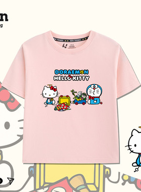 hellkitty联名机器猫卡通儿童短袖t恤男女童新款洋气纯棉休闲上衣