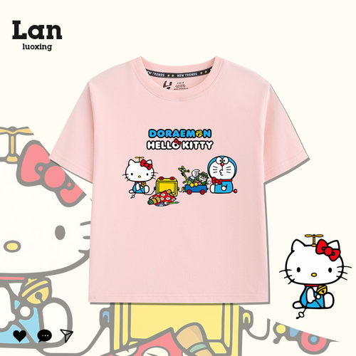 hellkitty联名机器猫卡通儿童短袖t恤男女童新款洋气纯棉休闲上衣