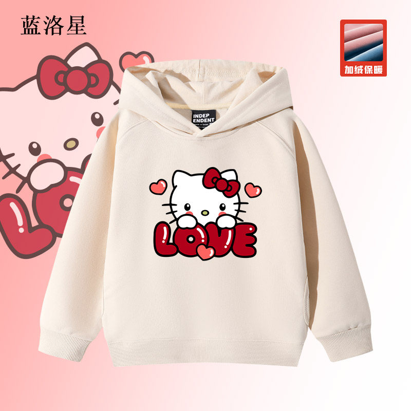 凯蒂猫女童连帽卫衣加绒新款秋冬女孩中大童帽衫粉色可爱套头上衣