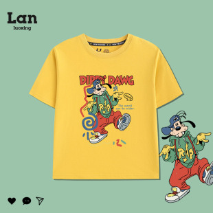 日系儿童卡通高飞狗短袖t恤男童女童夏季宽松纯棉亲子装上衣夏装