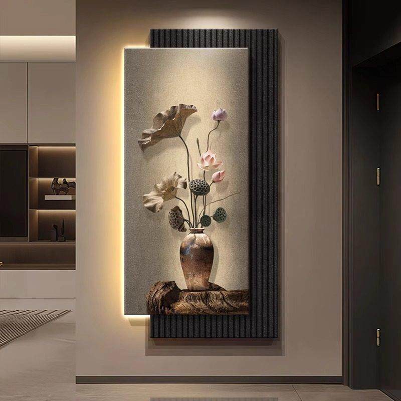 侘寂风荷花玄关装饰画新中式走廊过道led壁灯入户客厅正对门挂画,家居饰品,氛围画/灯画,淘宝优惠券,粉丝福利购,淘宝优惠卷