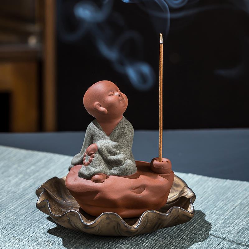 创意家居饰品香托香盘香座香插紫砂小和尚线香炉茶道家居中式摆件