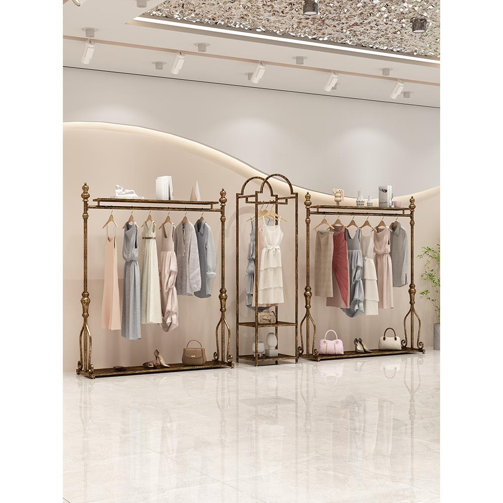 欧式铁艺复古服装架服装店展示架古铜挂衣架加大加粗落地服装货架